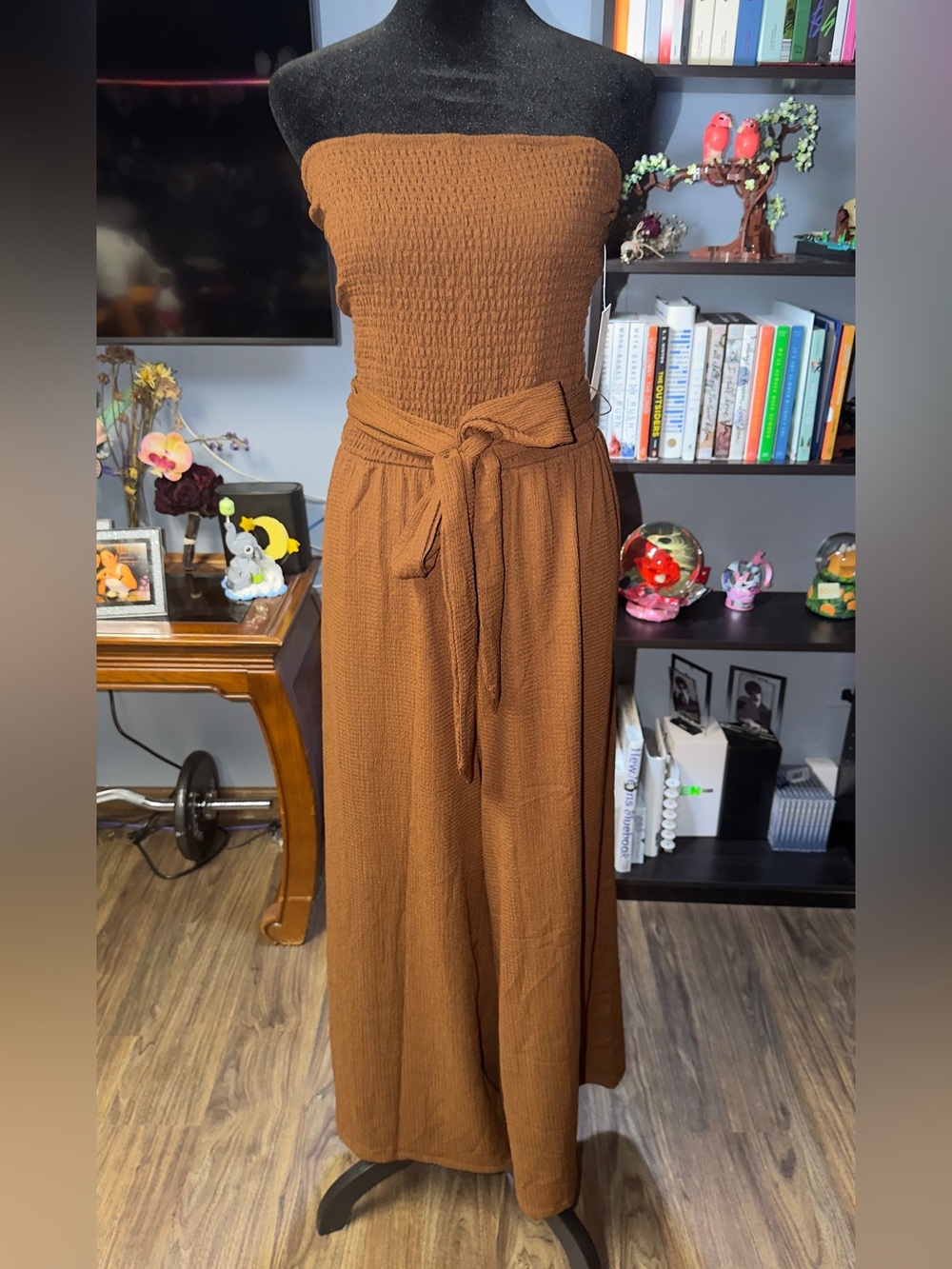Strapless Smocked Wide-Leg Jumpsuit in Rust